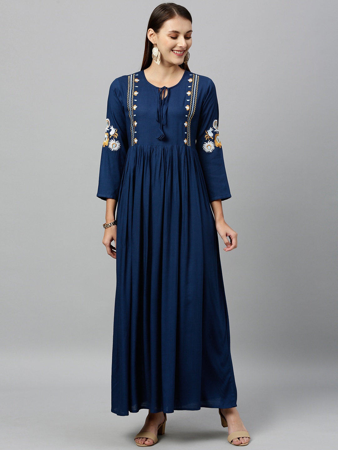 

kipek Women Teal Blue Embroidered Maxi Dress