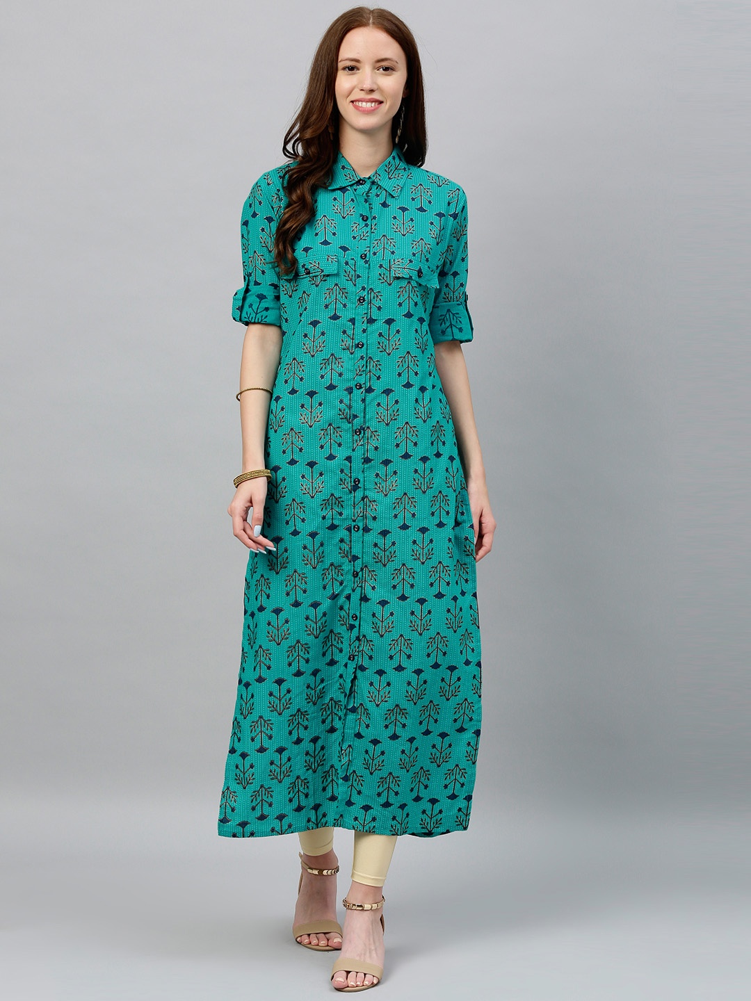 

kipek Women Blue Printed Shirt Collar Straight Fusion Kurta