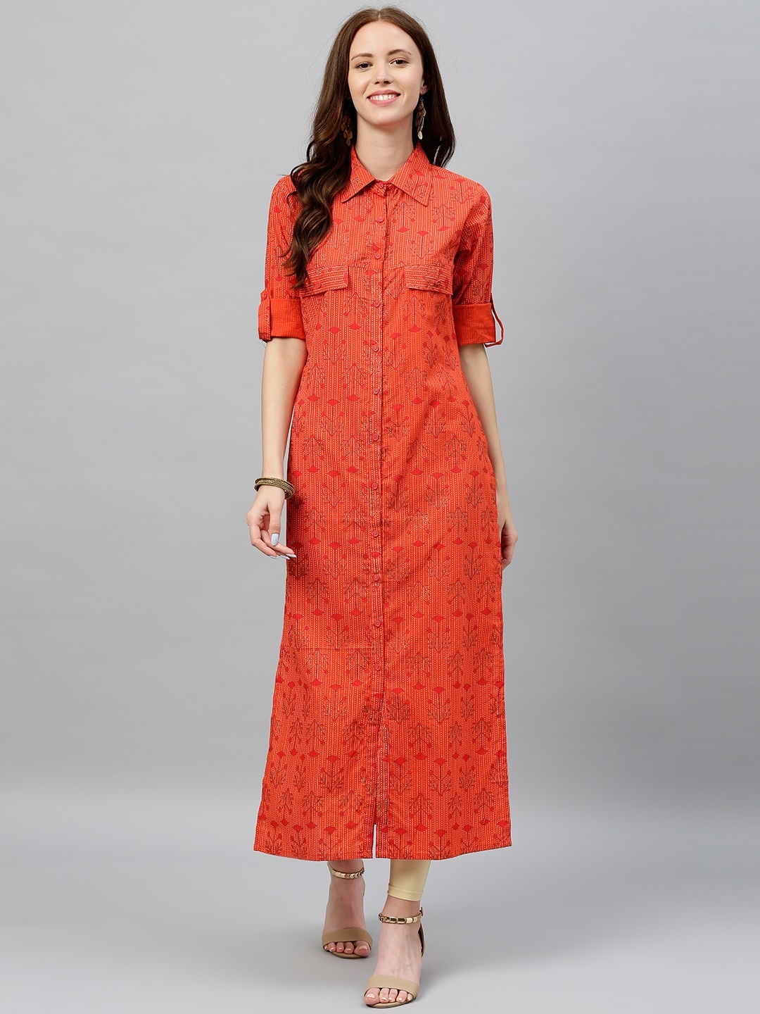 

kipek Women Orange & White Floral Printed Shirt Collar Straight Fusion Kurta