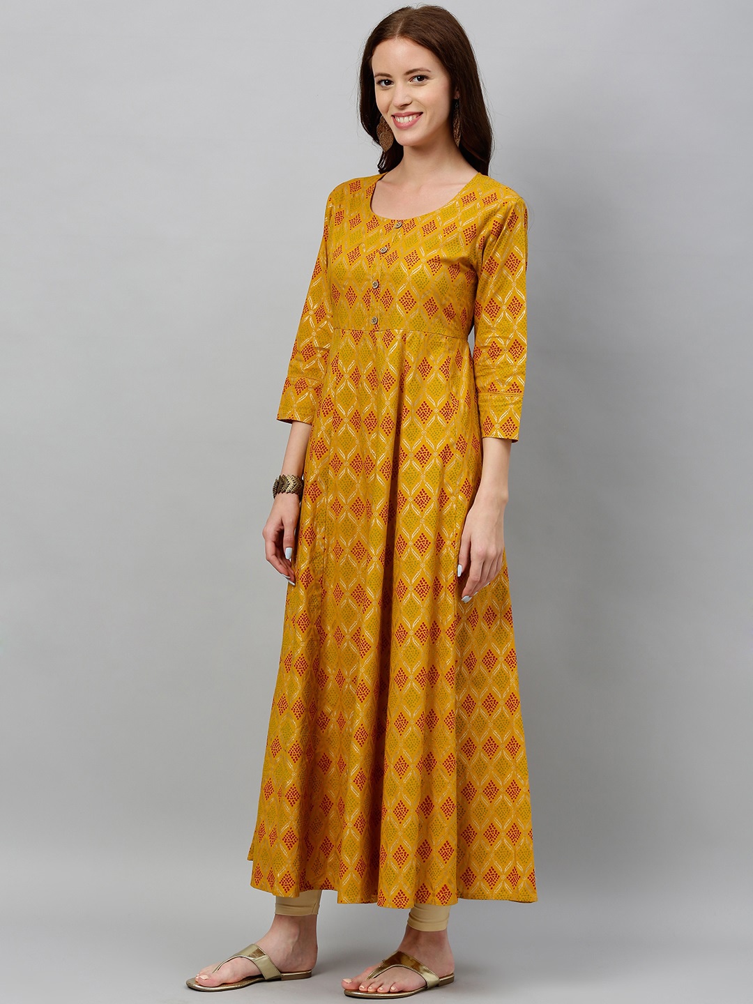 

kipek Women Mustard Yellow & Red Printed Anarkali Kurta with Waist Tie-Up Detail