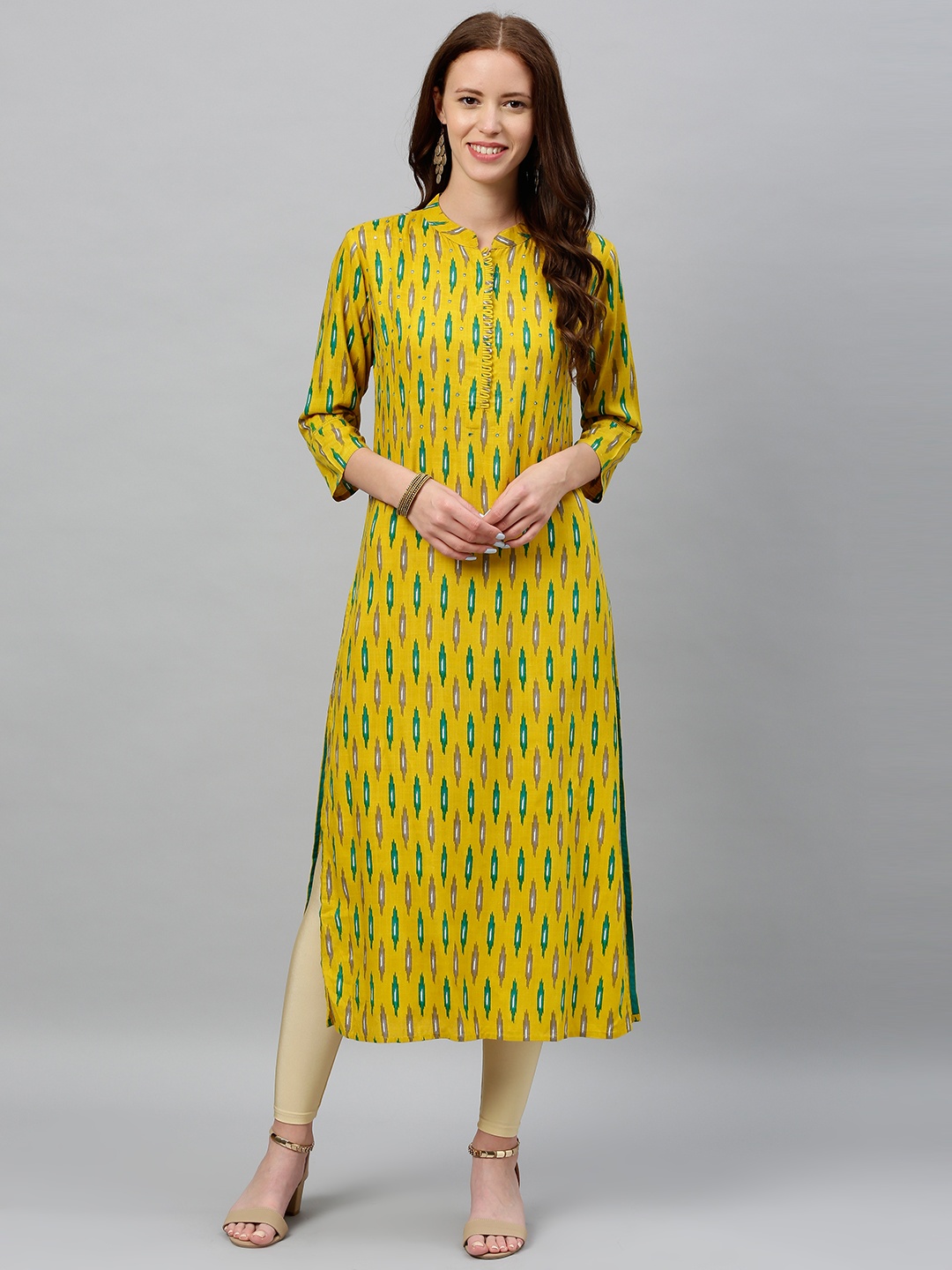 

kipek Women Mustard Yellow & Green Ikat Printed Straight Kurta