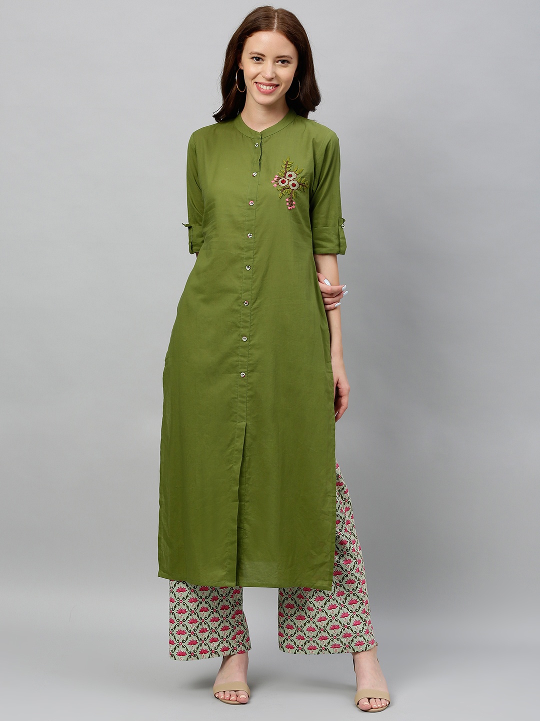 

kipek Women Olive Green Solid Kurta with Palazzos