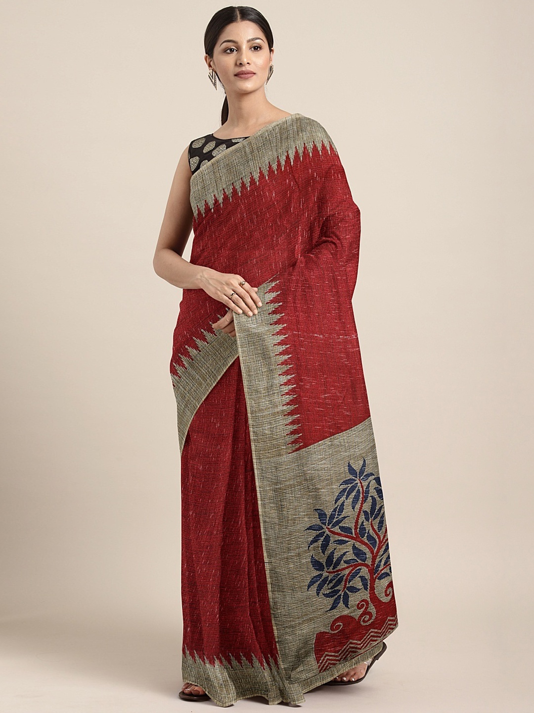 

KALINI Maroon & Beige Jute Silk Solid Ikat Saree