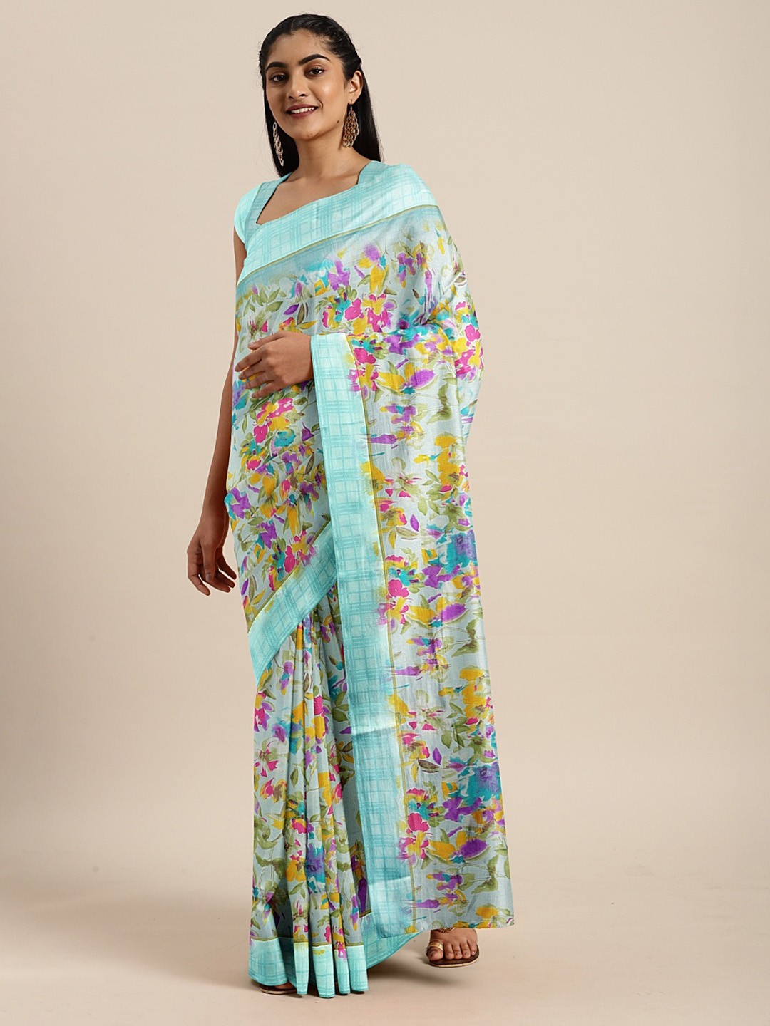 

KALINI Turquoise Blue & Purple Satin Printed Saree