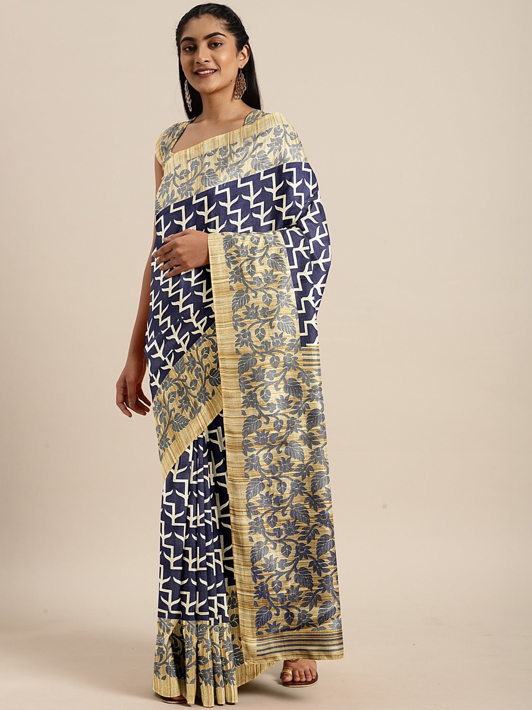 

KALINI Navy Blue & Beige Art Silk Printed Khadi Saree