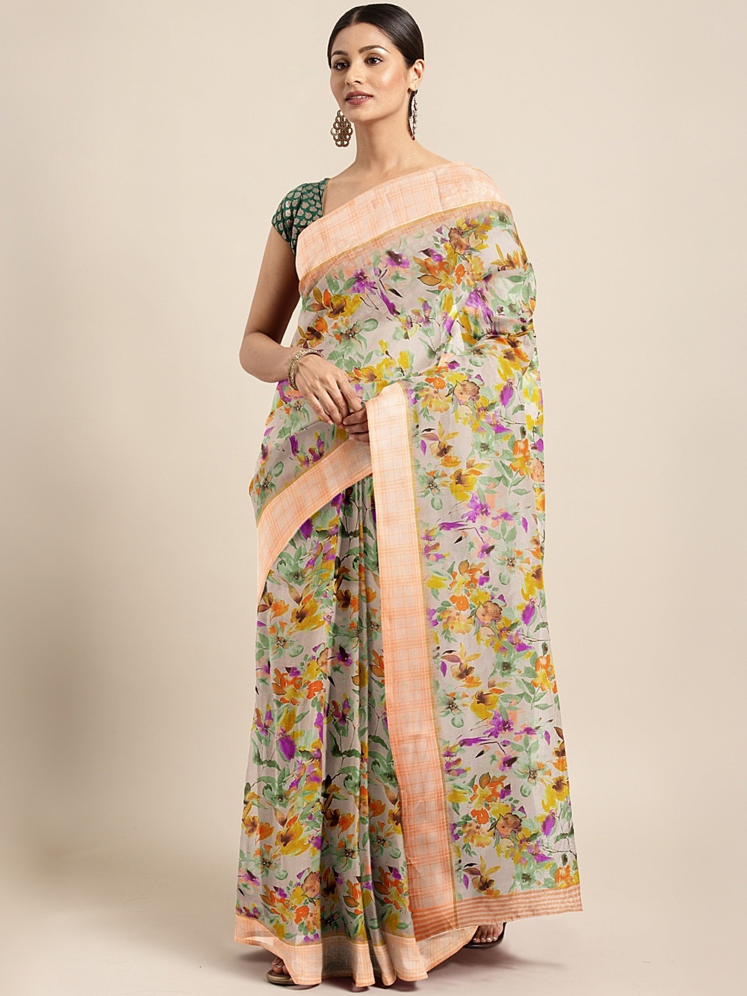 

KALINI Beige & Peach-Coloured Satin Floral Printed Saree