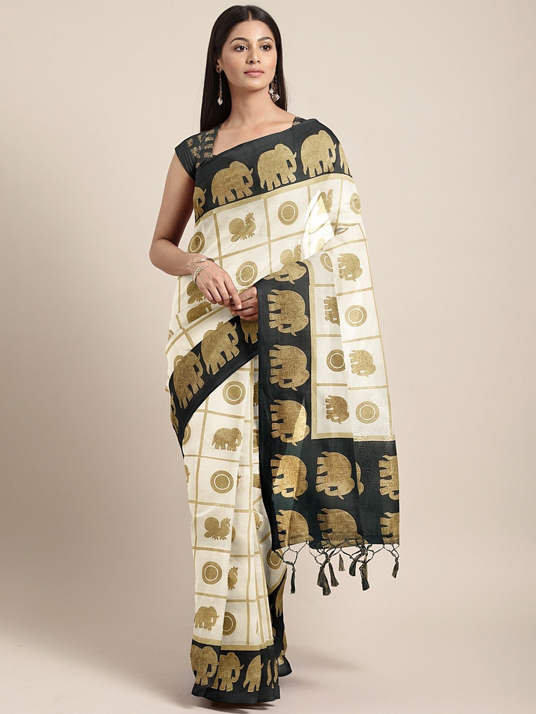 

KALINI Off-White & Gold-Toned Silk Blend Printed Mysore Silk Saree