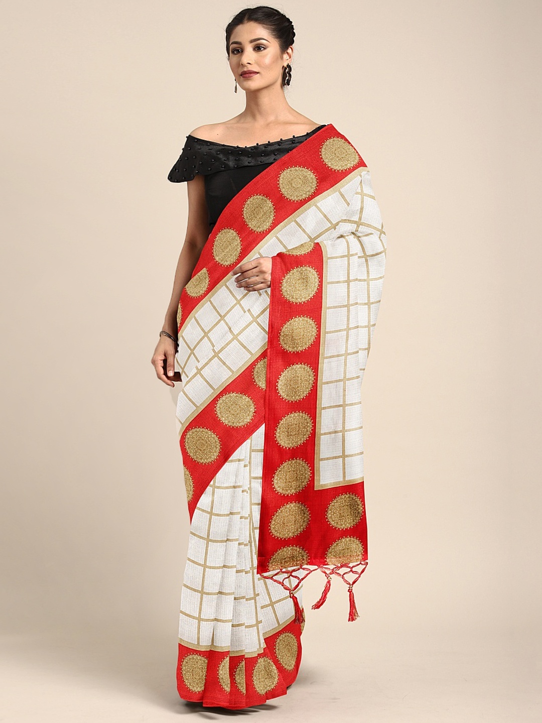 

KALINI Off-White & Red Silk Blend Checked Mysore Silk Saree