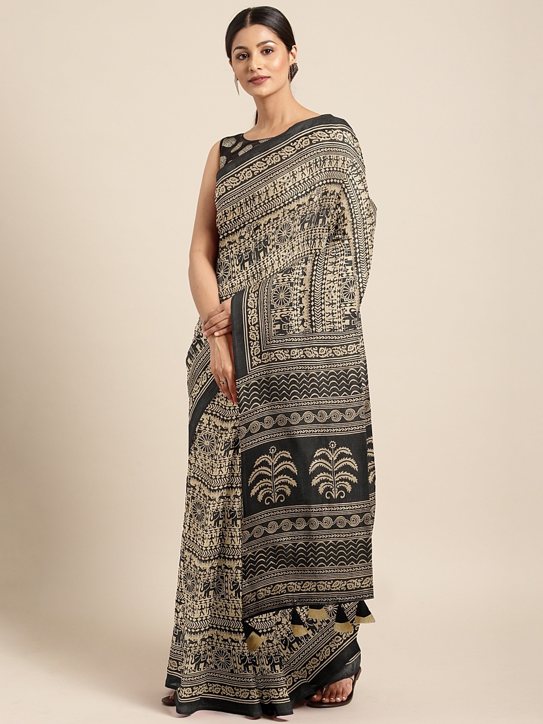 

KALINI Black & Beige Silk Blend Printed Khadi Saree