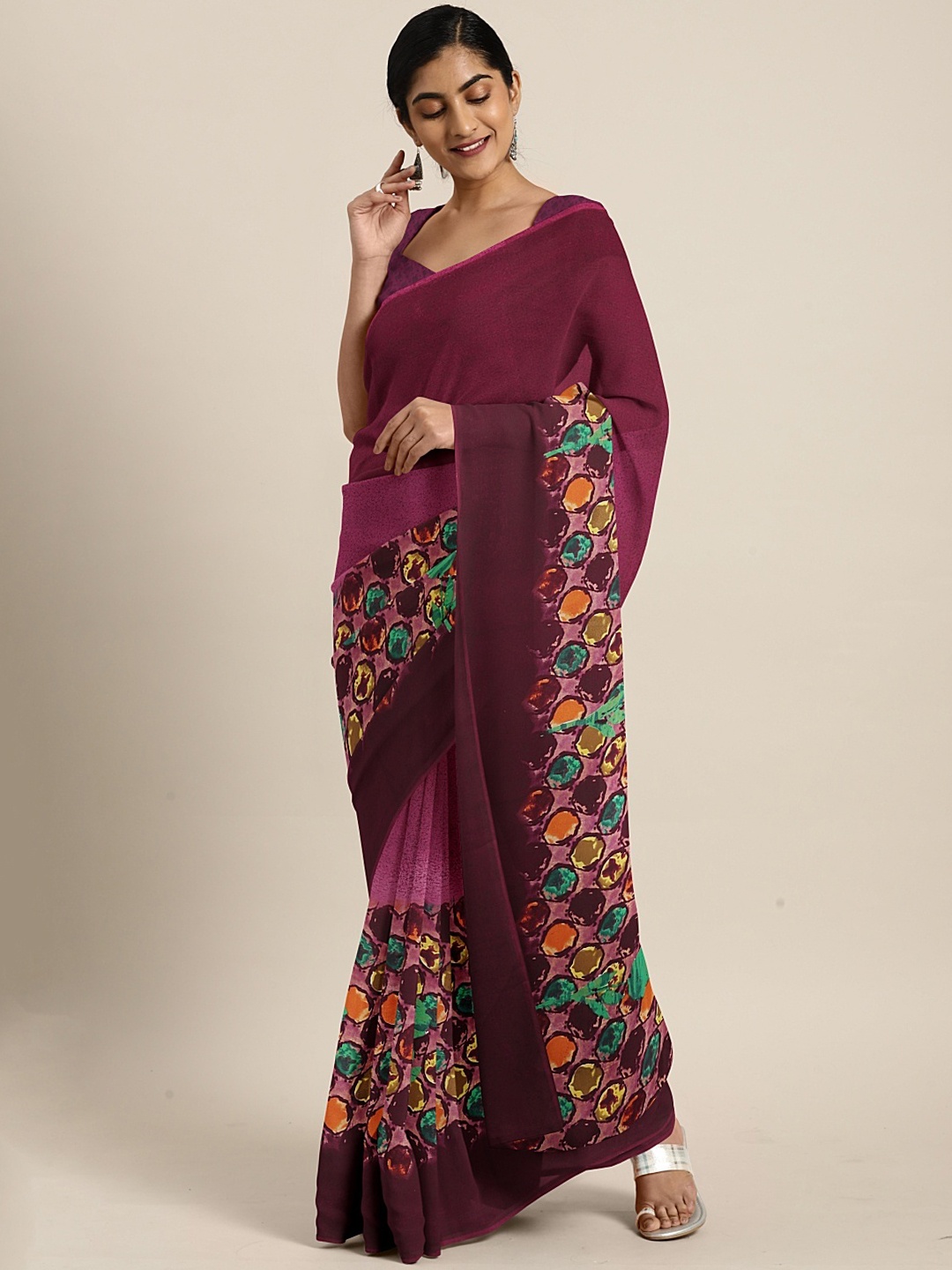 

KALINI Burgundy Floral Printed Poly Georgette Saree