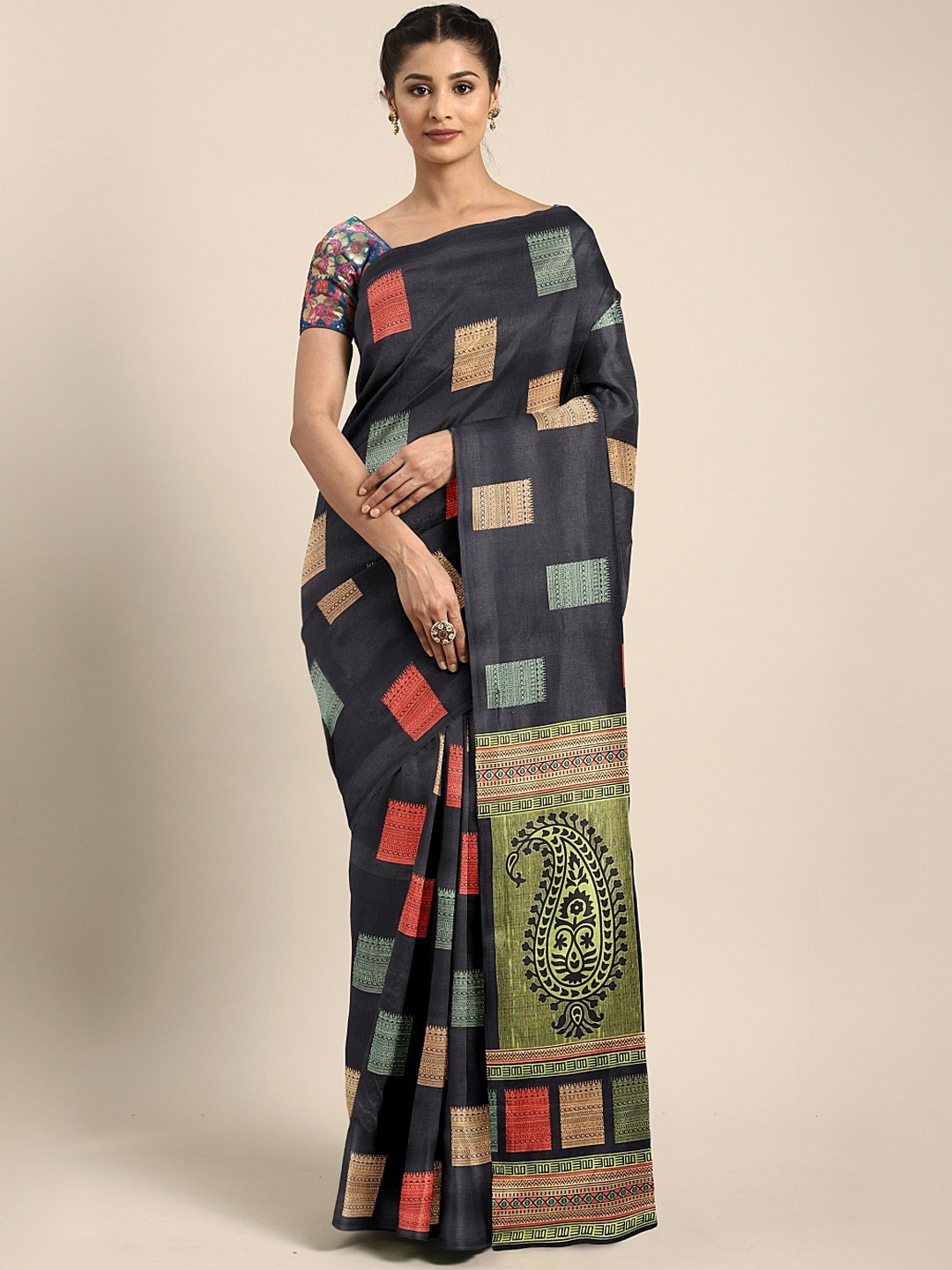 

KALINI Black Silk Blend Printed Tussar Saree