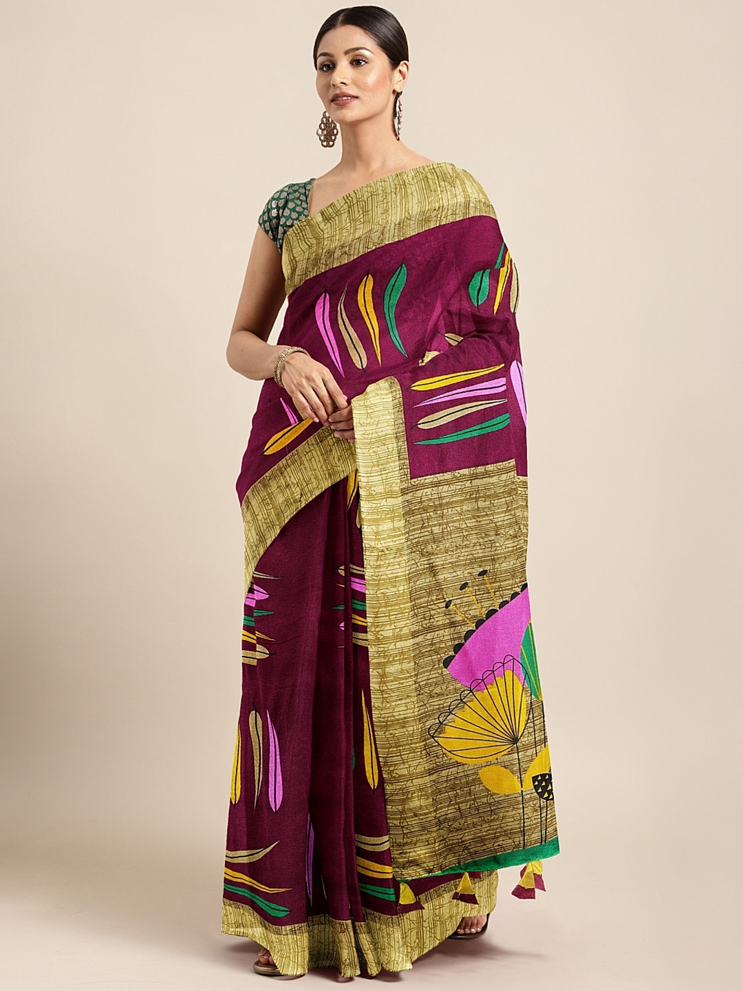 

KALINI Maroon & Beige Jute Silk Printed Saree