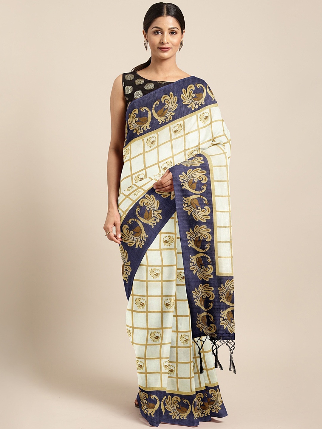 

KALINI Off-White & Navy Blue Silk Blend Checked Mysore Silk Saree