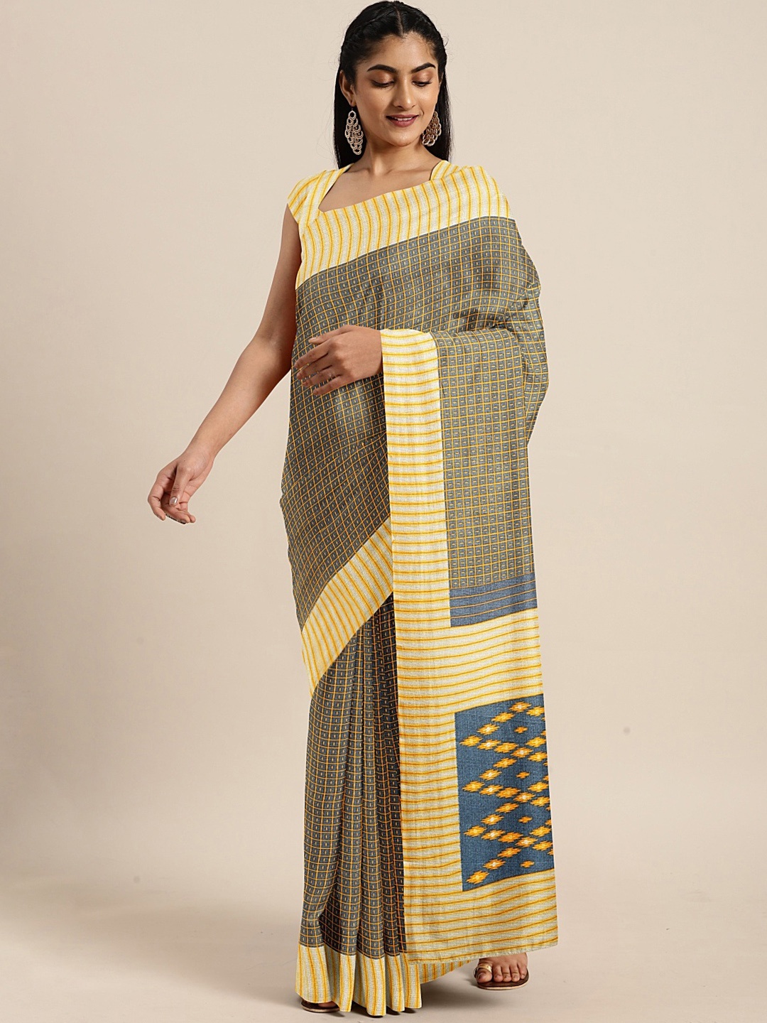 

KALINI Grey & Beige Art Silk Printed Khadi Saree