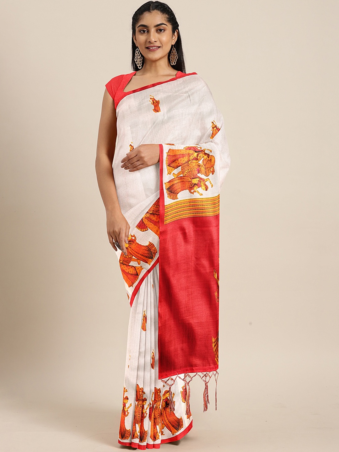 

KALINI Off-White & Red Art Silk Printed Khadi Saree