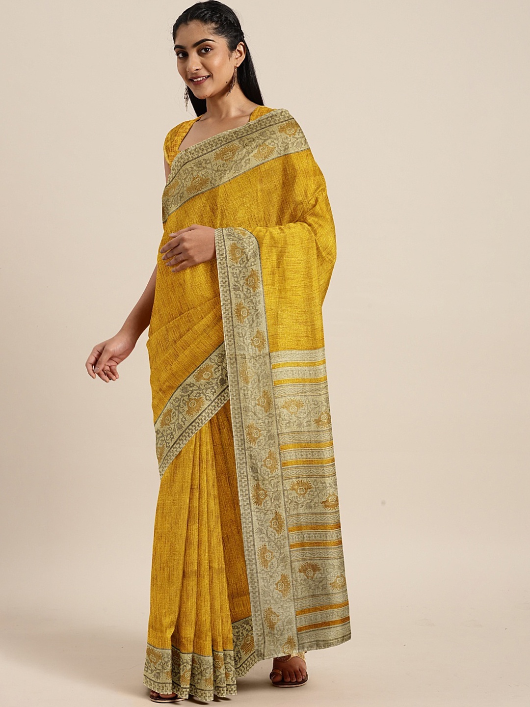 

KALINI Mustard Art Silk Solid Khadi Saree