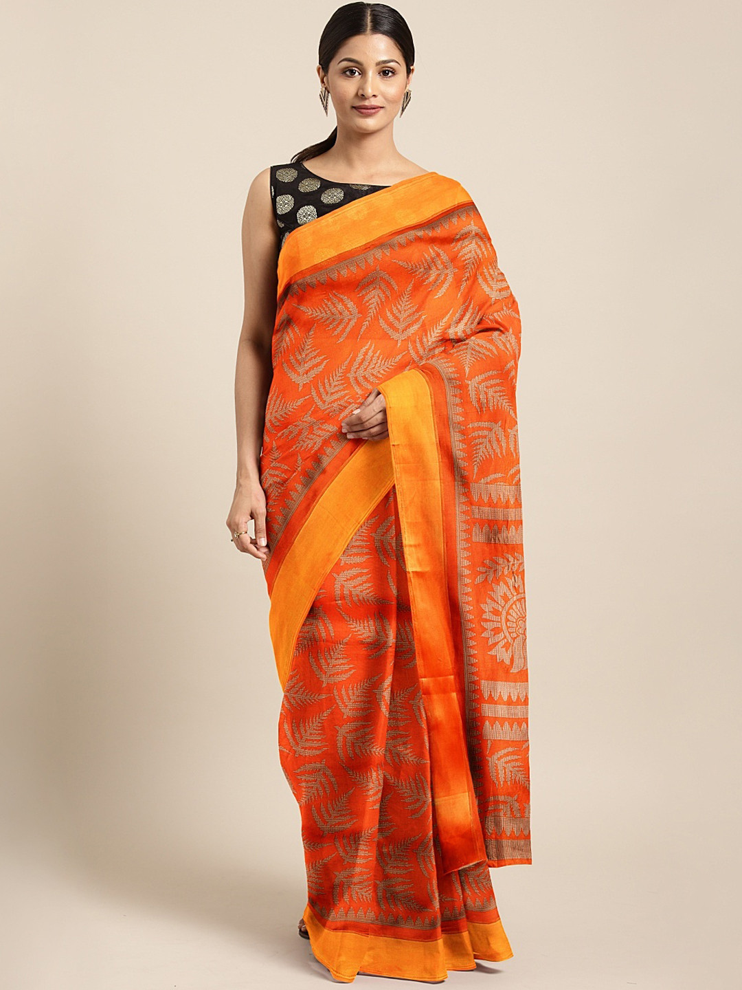 

KALINI Orange & Beige Satin Printed Saree