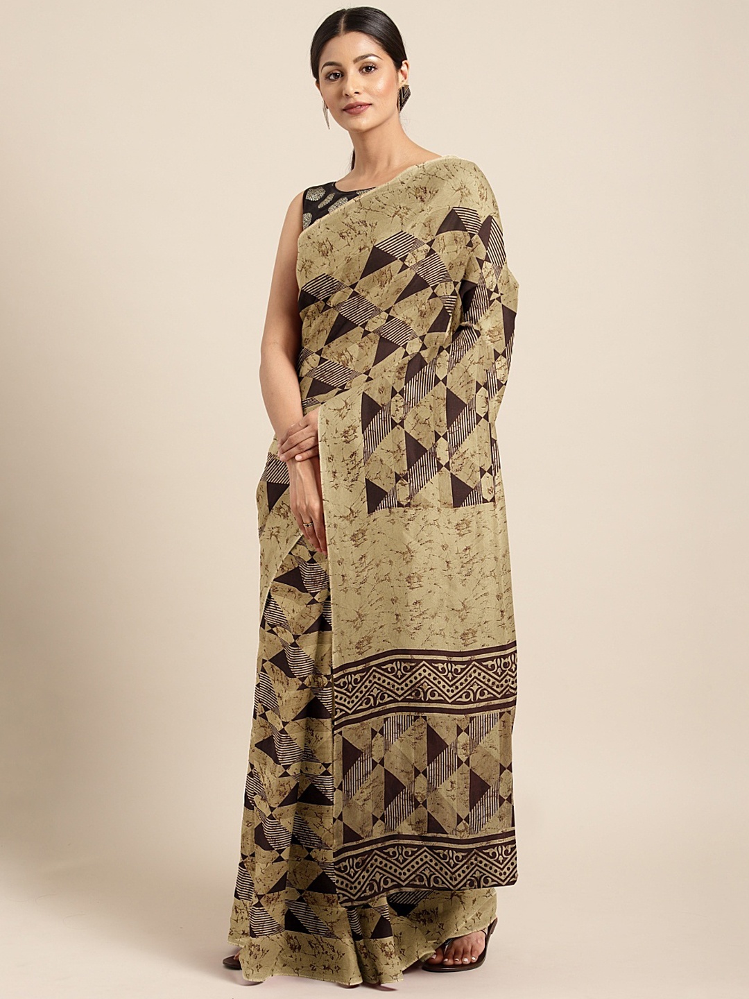 

KALINI Beige & Brown Silk Blend Printed Ikat Saree