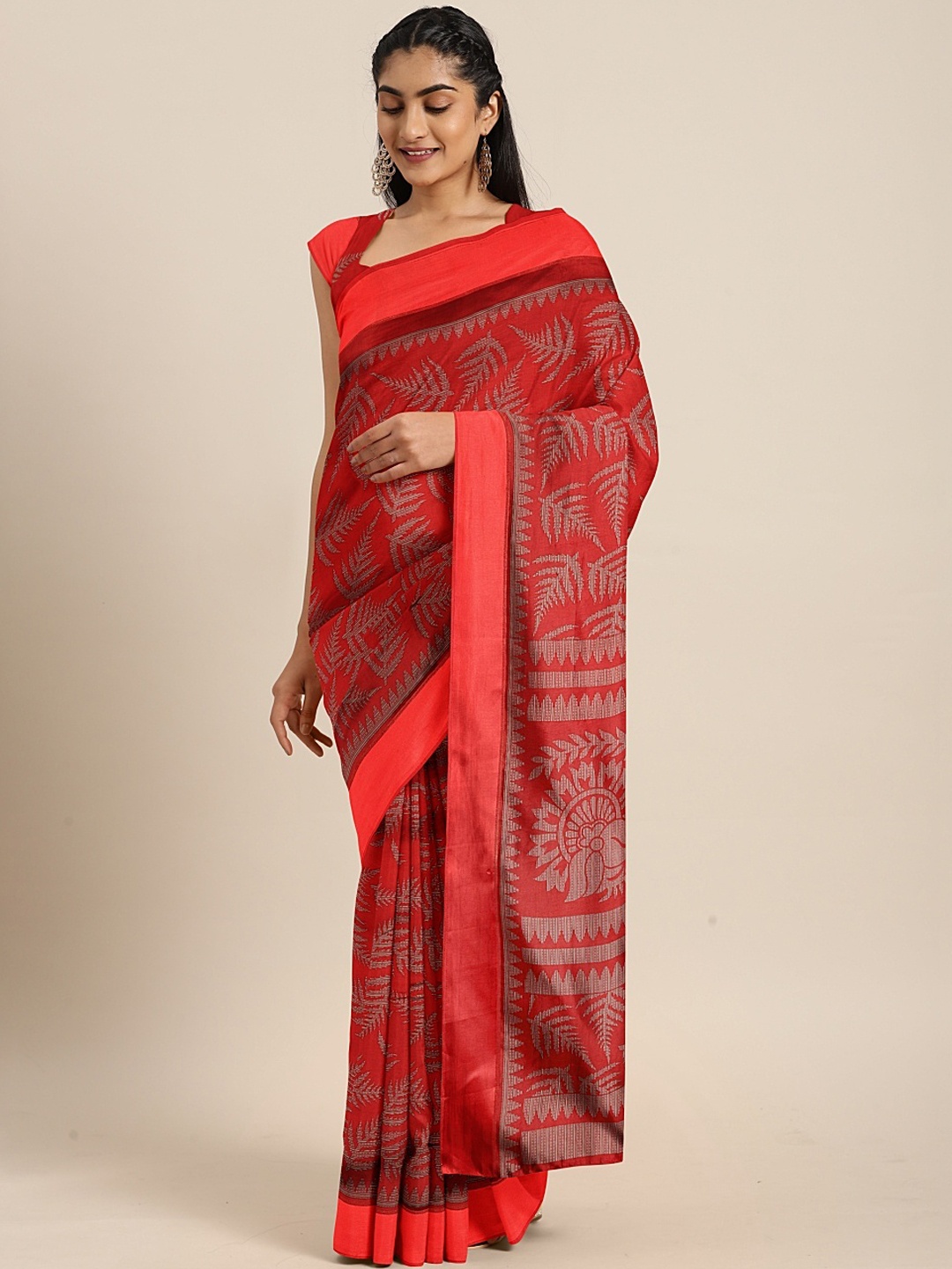 

KALINI Red & Grey Satin Printed Saree