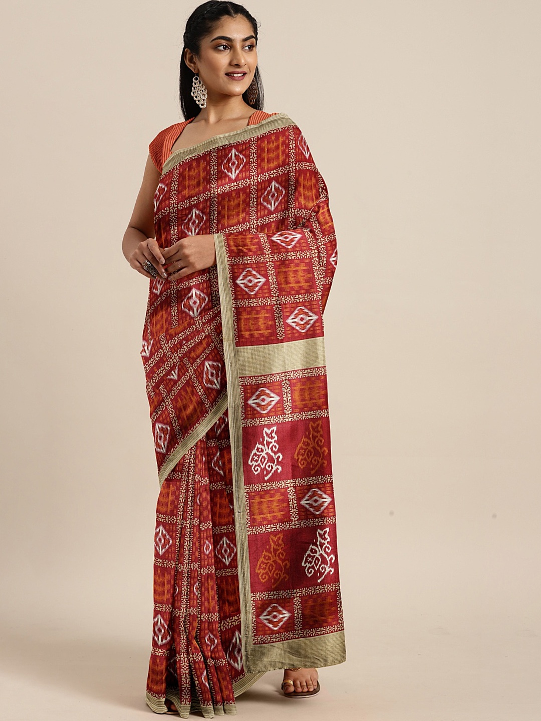 

KALINI Red & Beige Art Silk Checked Khadi Saree