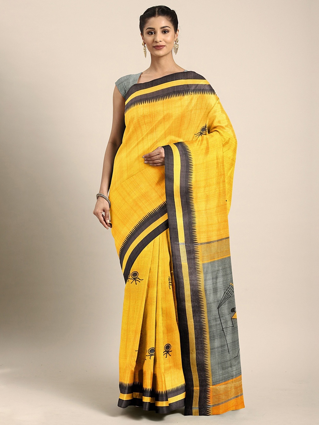 

KALINI Yellow & Black Silk Blend Printed Khadi Saree