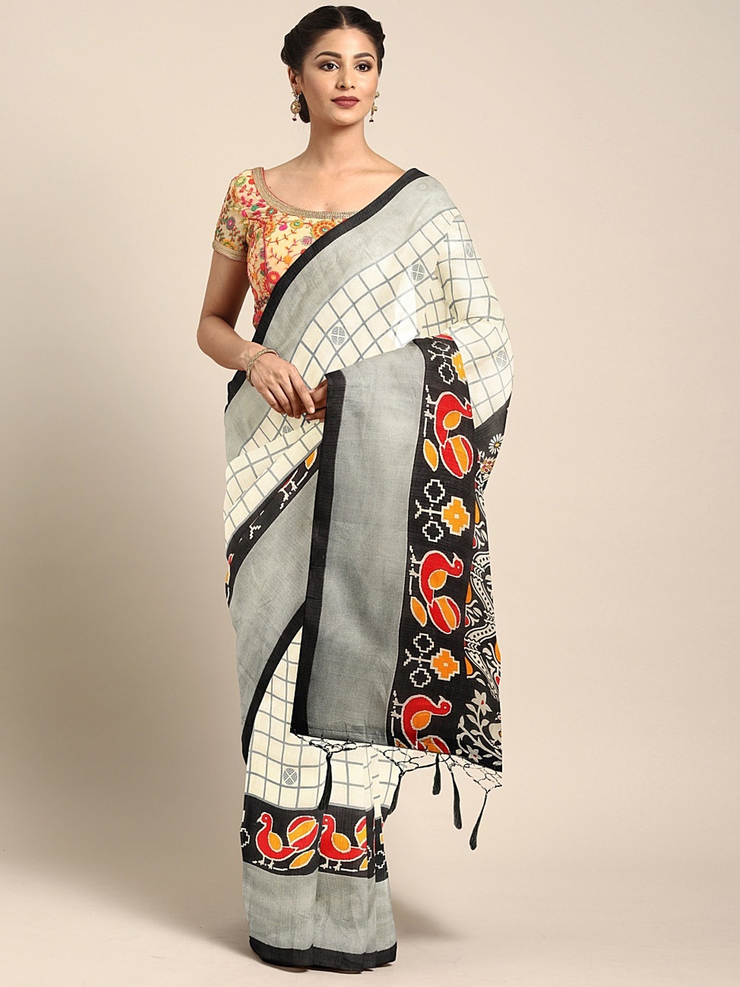 

KALINI White & Grey Silk Blend Checked Khadi Saree