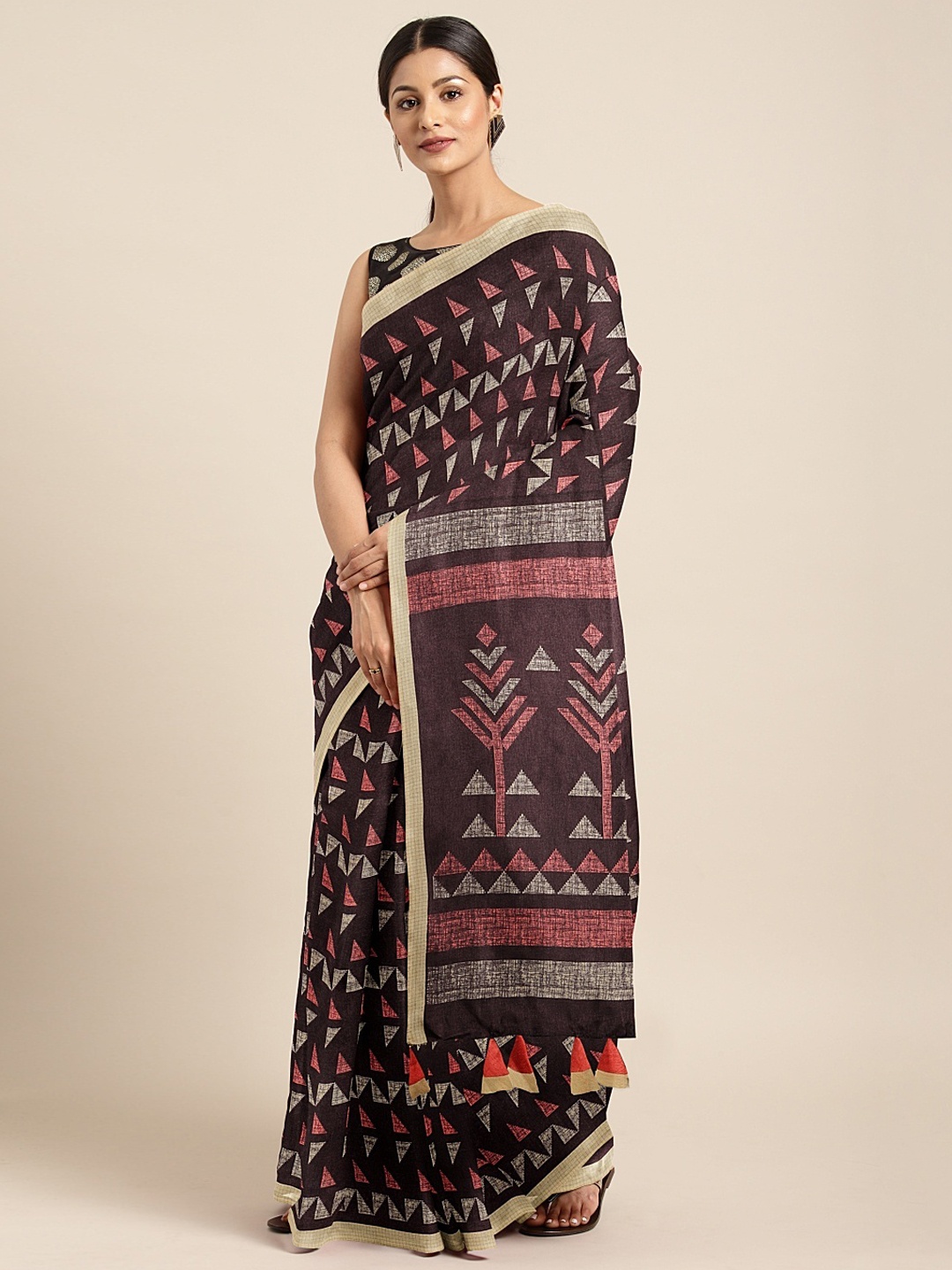 

KALINI Burgundy & Beige Silk Blend Printed Saree