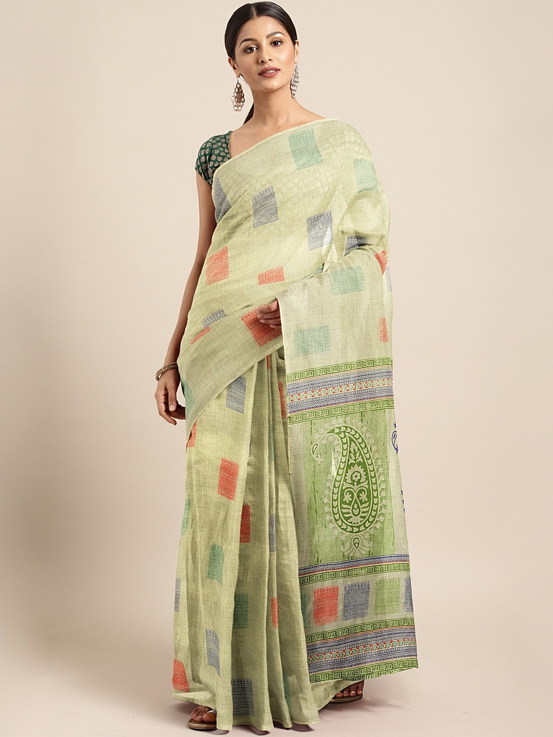 

KALINI Green Silk Blend Printed Tussar Saree