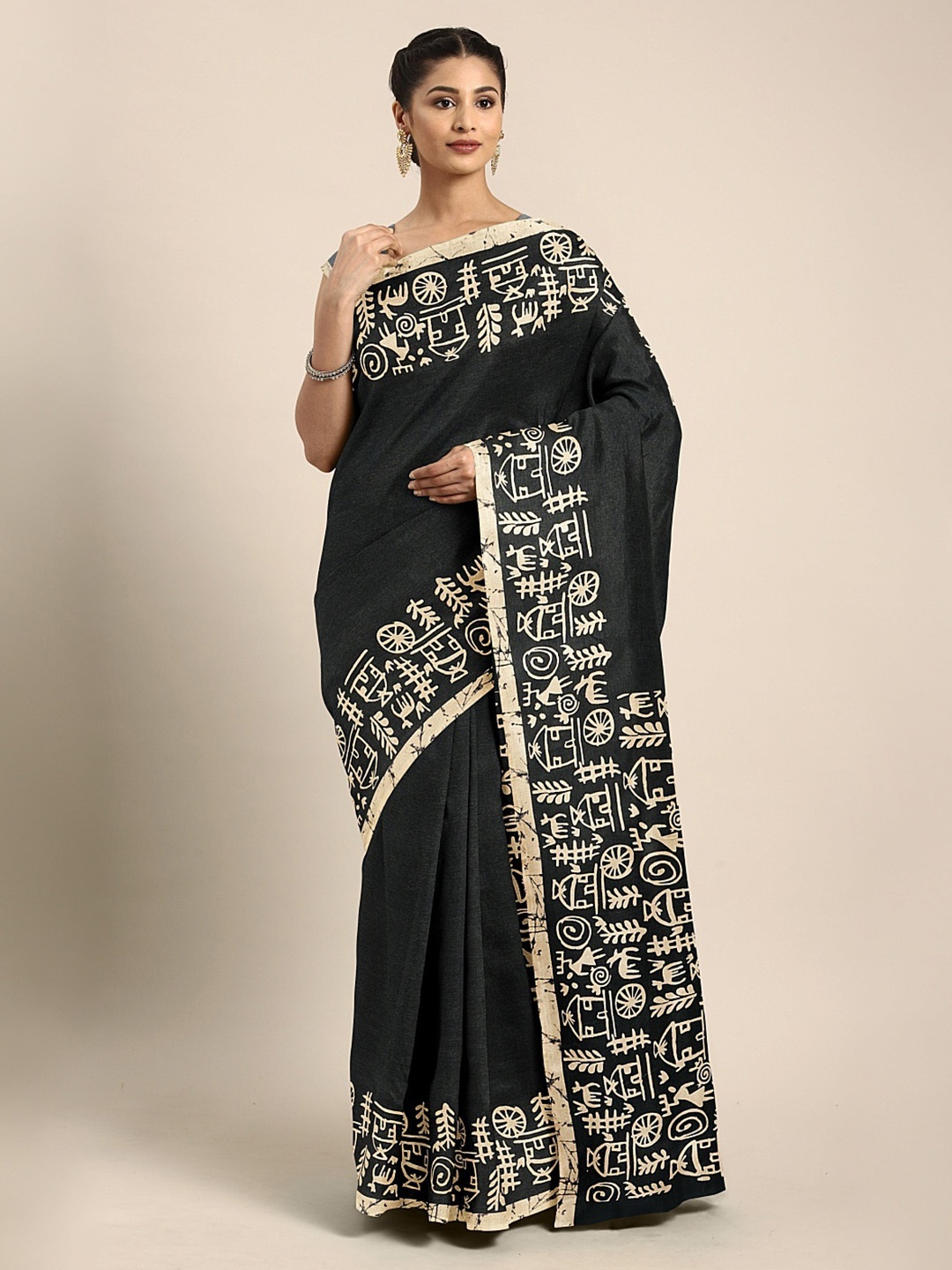 

KALINI Black & Beige Silk Blend Printed Khadi Saree
