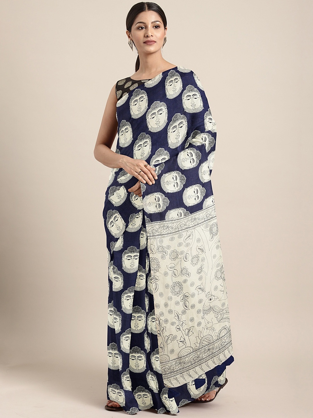 

KALINI Navy Blue & White Silk Blend Printed Khadi Saree