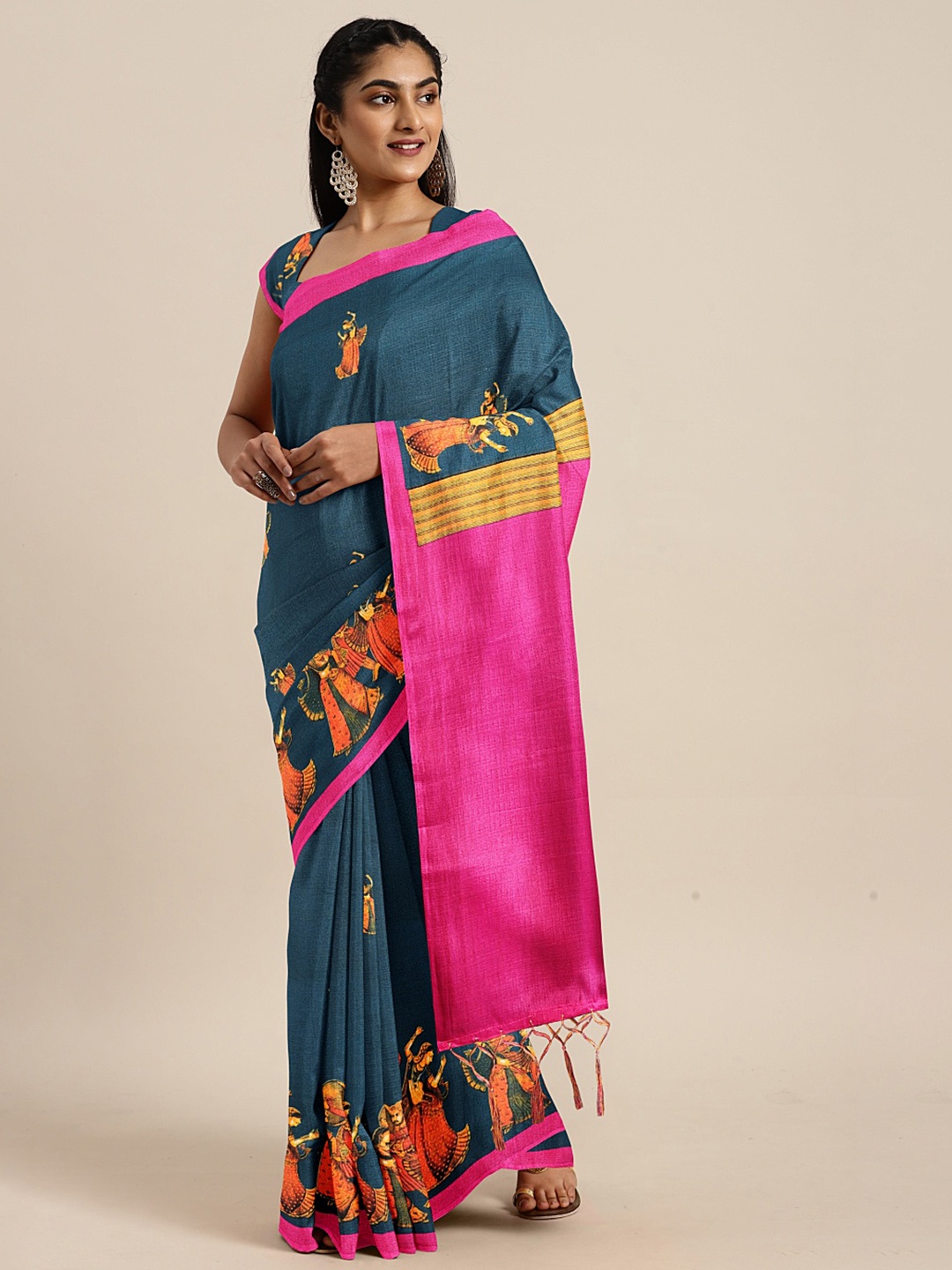 

KALINI Teal Blue & Pink Art Silk Printed Khadi Saree