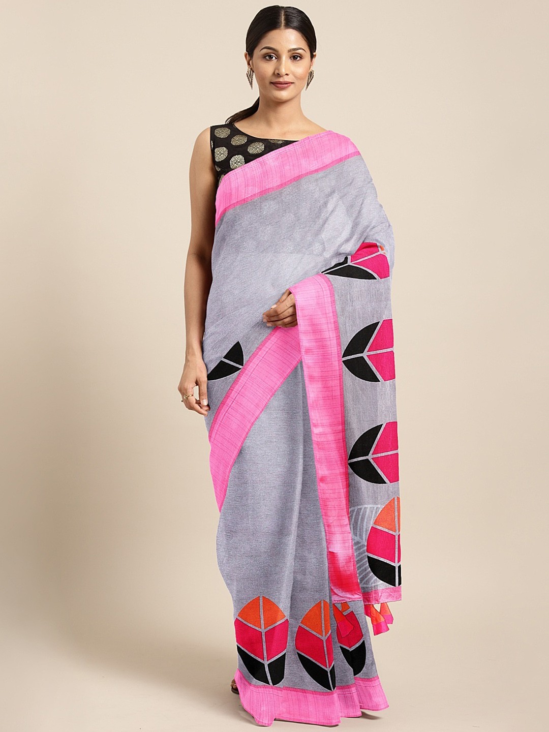 

KALINI Grey & Pink Jute Silk Printed Saree