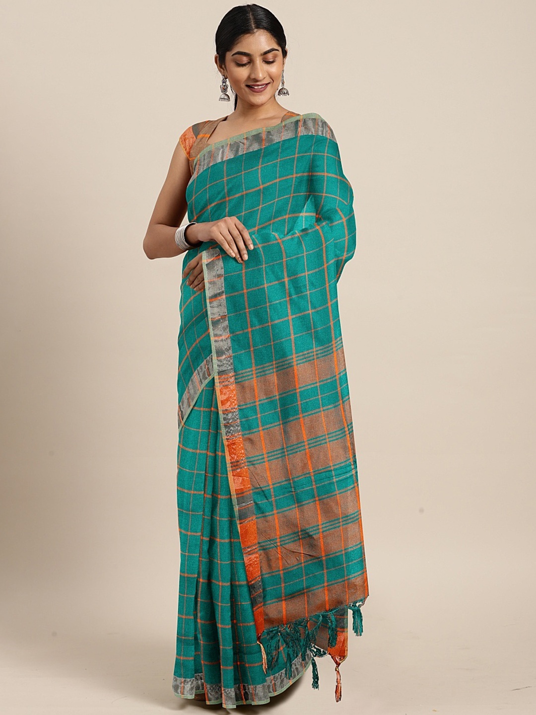 

KALINI Teal Blue & Beige Linen Blend Checked Saree