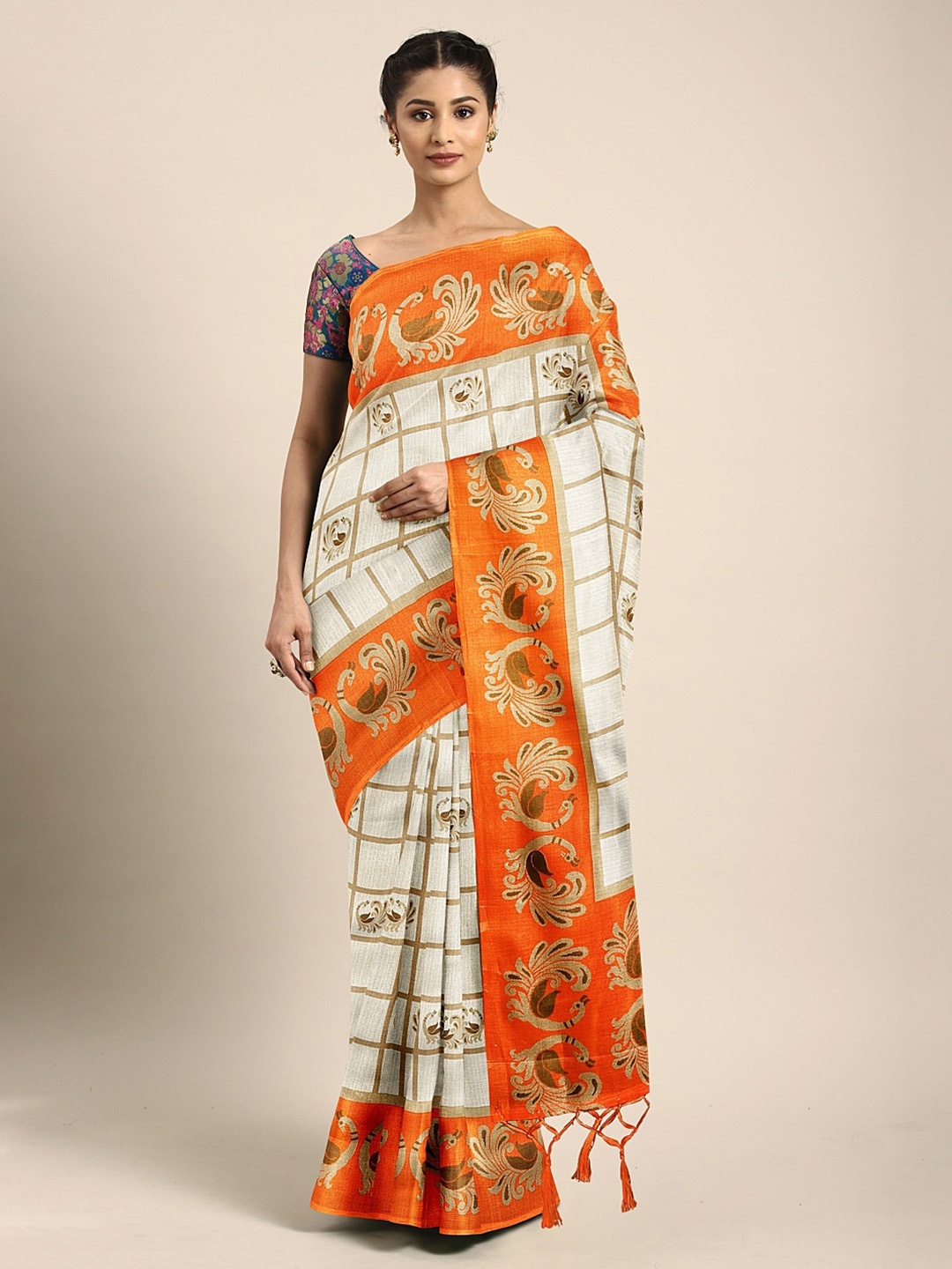 

KALINI Orange & Off-White Silk Blend Printed Mysore Silk Saree
