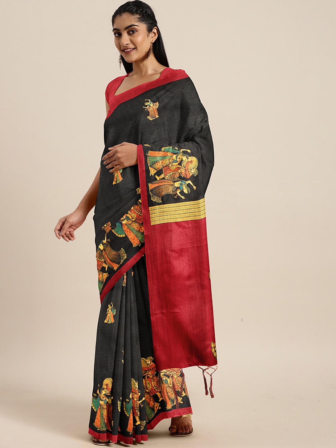 

KALINI Black & Red Art Silk Printed Khadi Saree