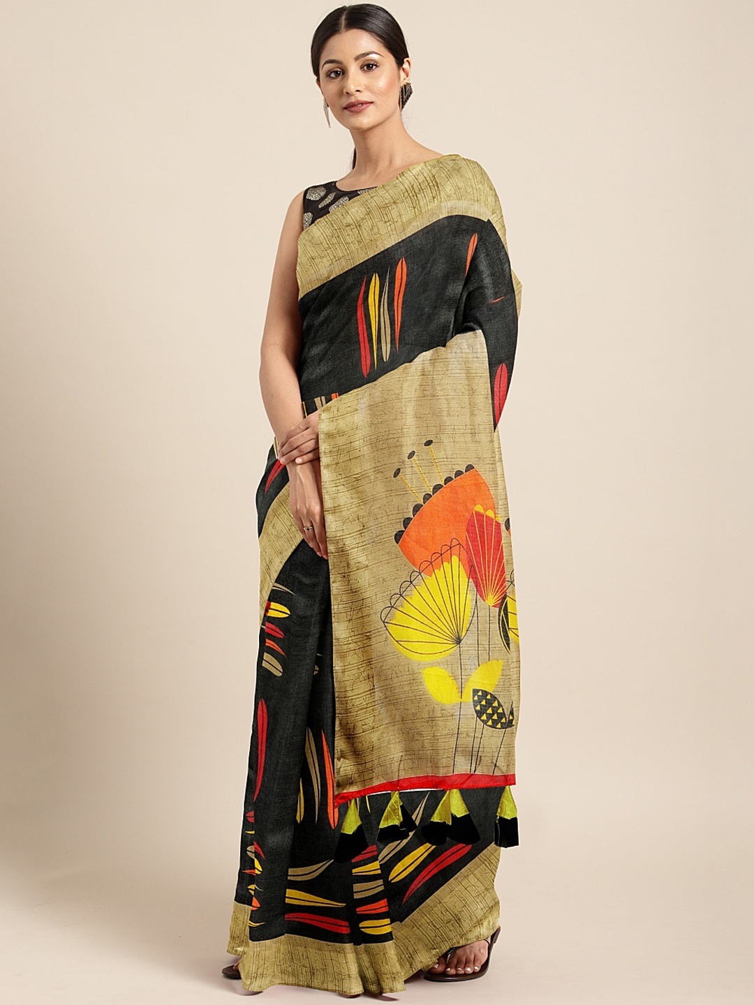 

KALINI Black & Beige Jute Silk Printed Saree
