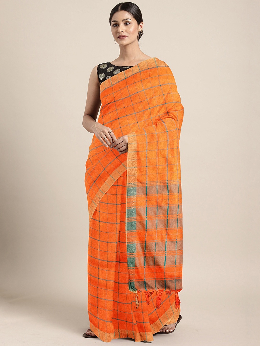 

KALINI Orange & Blue Linen Blend Checked Saree