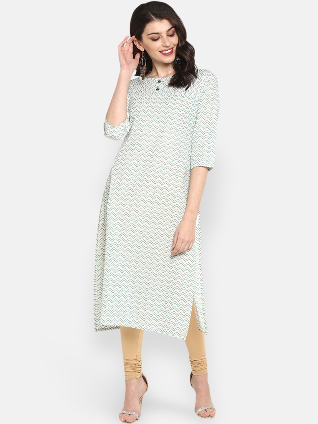 

Janasya Women Cream-Coloured & star white Striped Keyhole Neck Gotta Patti Kurta