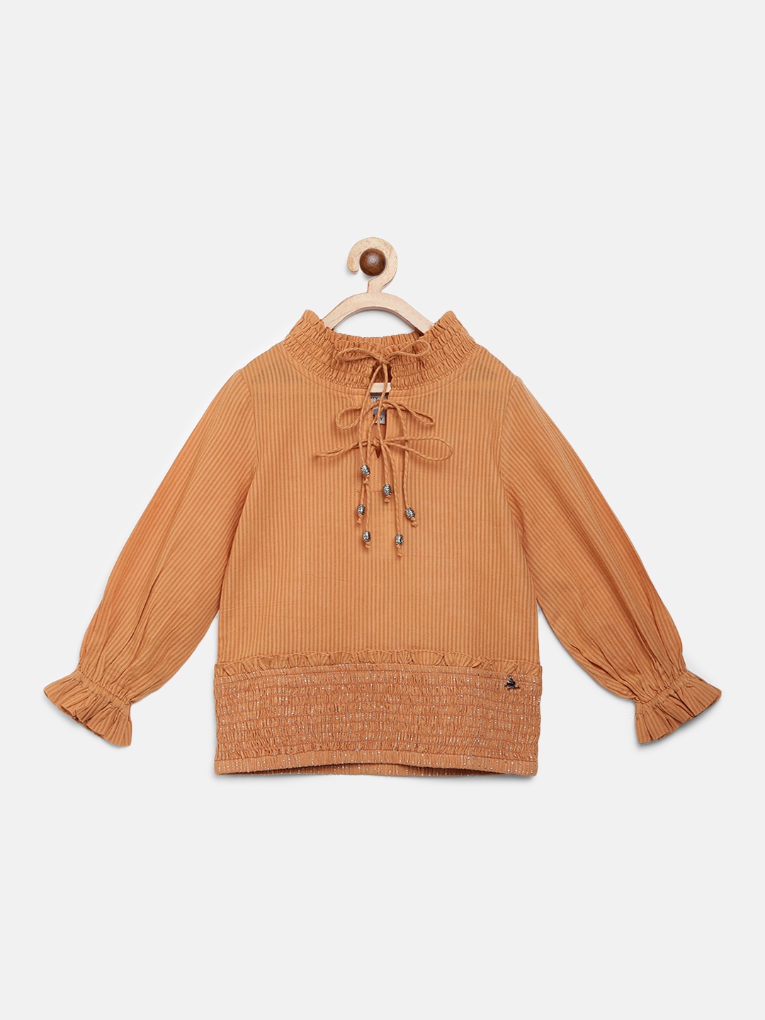 

Cherry Crumble Girls Brown Striped Blouson Cotton Top
