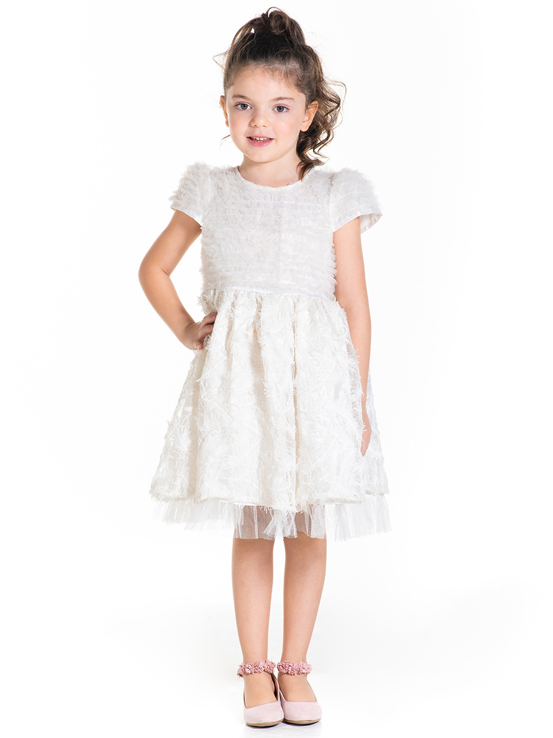 

Cherry Crumble Girls Off-White Net Self Design Fit & Flare Dress
