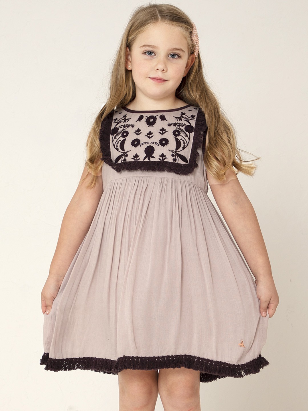 

Cherry Crumble Girls Dusty Pink Solid A-Line Dress with Embroidered Detail