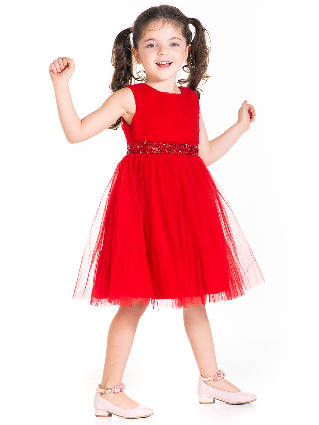 

Cherry Crumble Girls Red Net Solid Fit & Flare Dress with Sequinned Detail