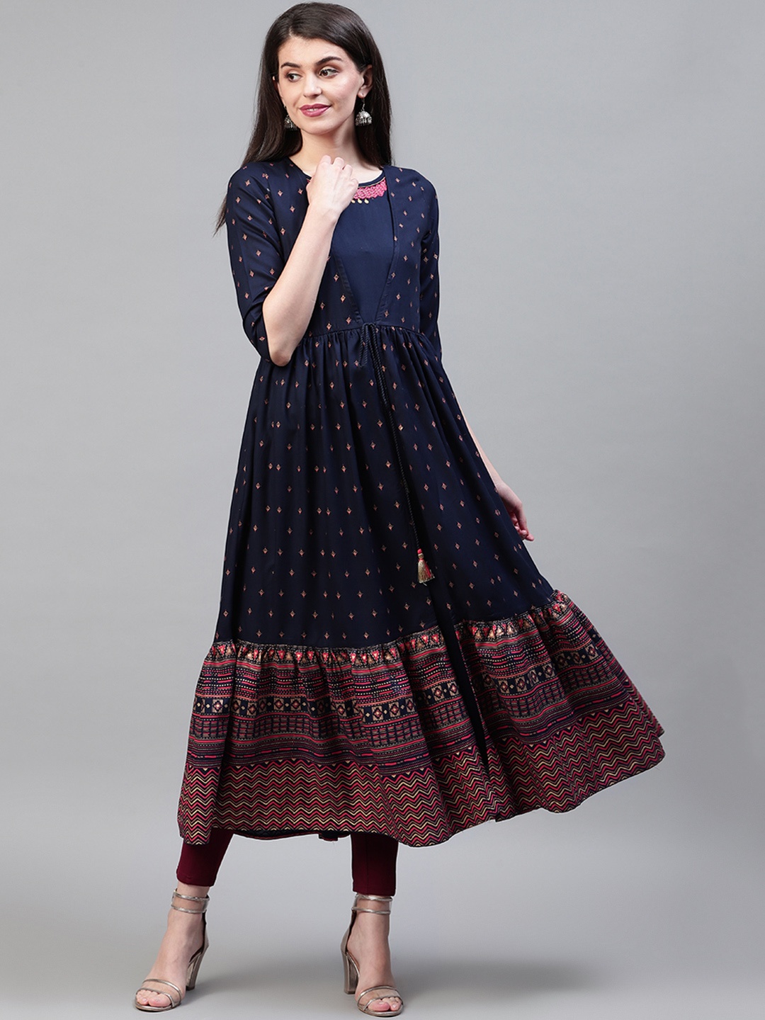

Cayman Women Navy Blue & Pink Layered Printed Anarkali Tiered Kurta