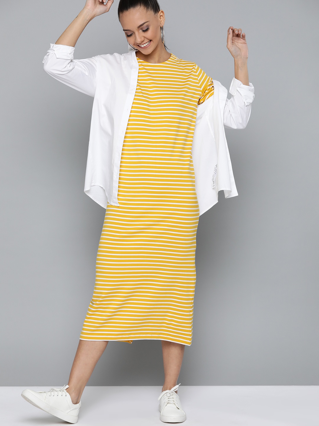 

HERE&NOW Women Yellow & White Striped Midi T-shirt Dress