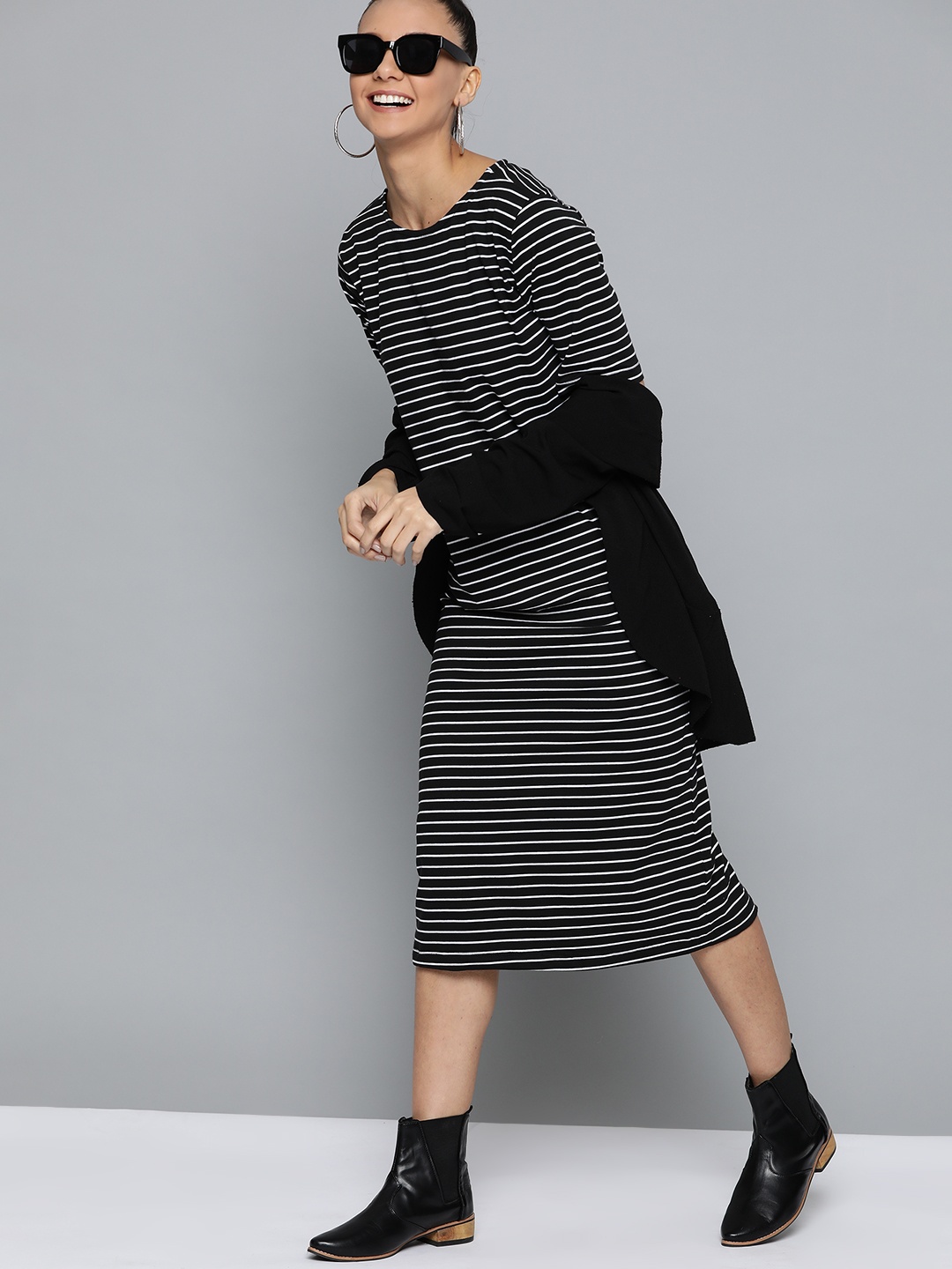 

HERE&NOW Women Black & White Striped Midi T-shirt Dress