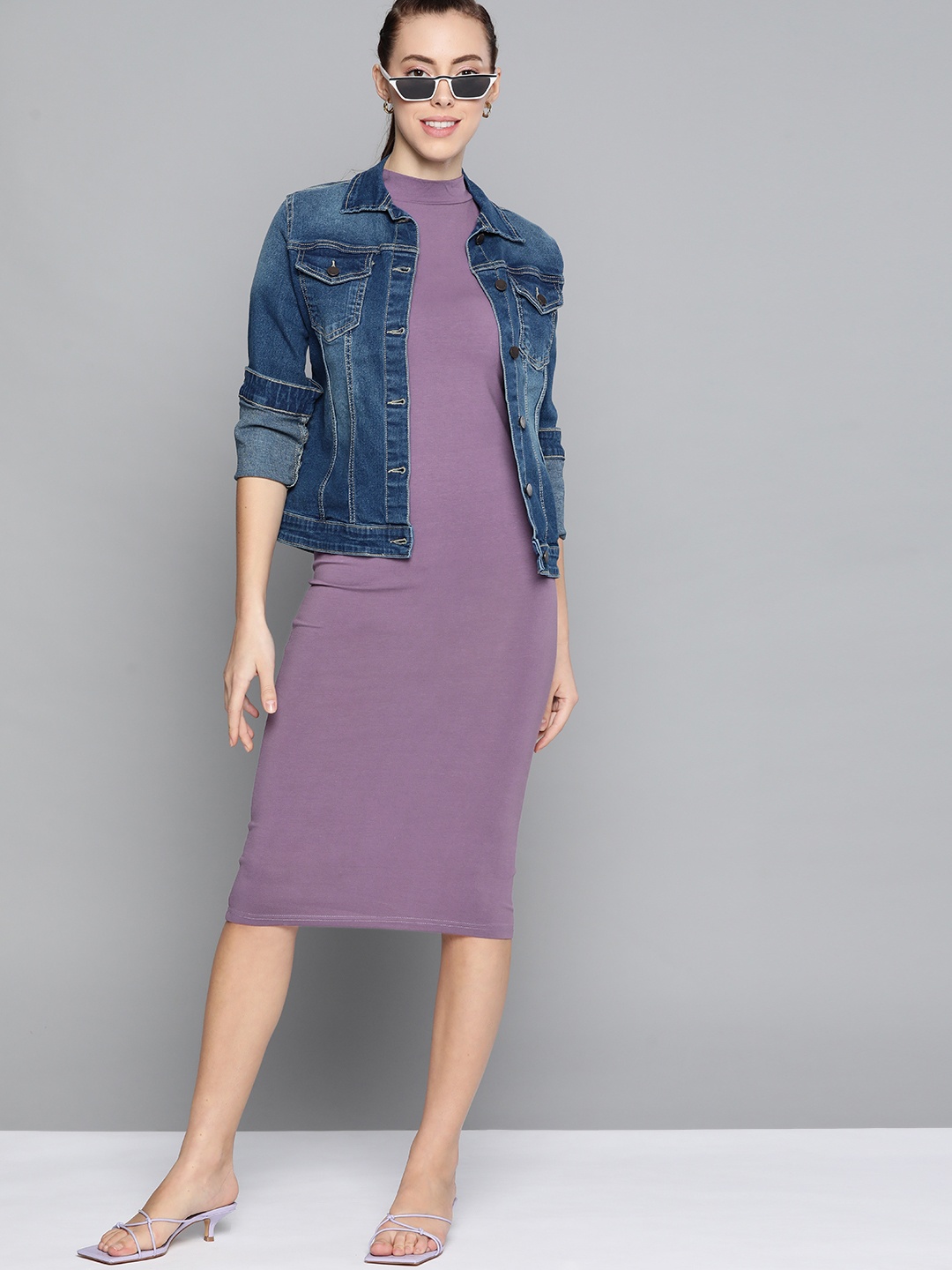 

HERE&NOW Purple High Neck Solid Bodycon Midi Dress