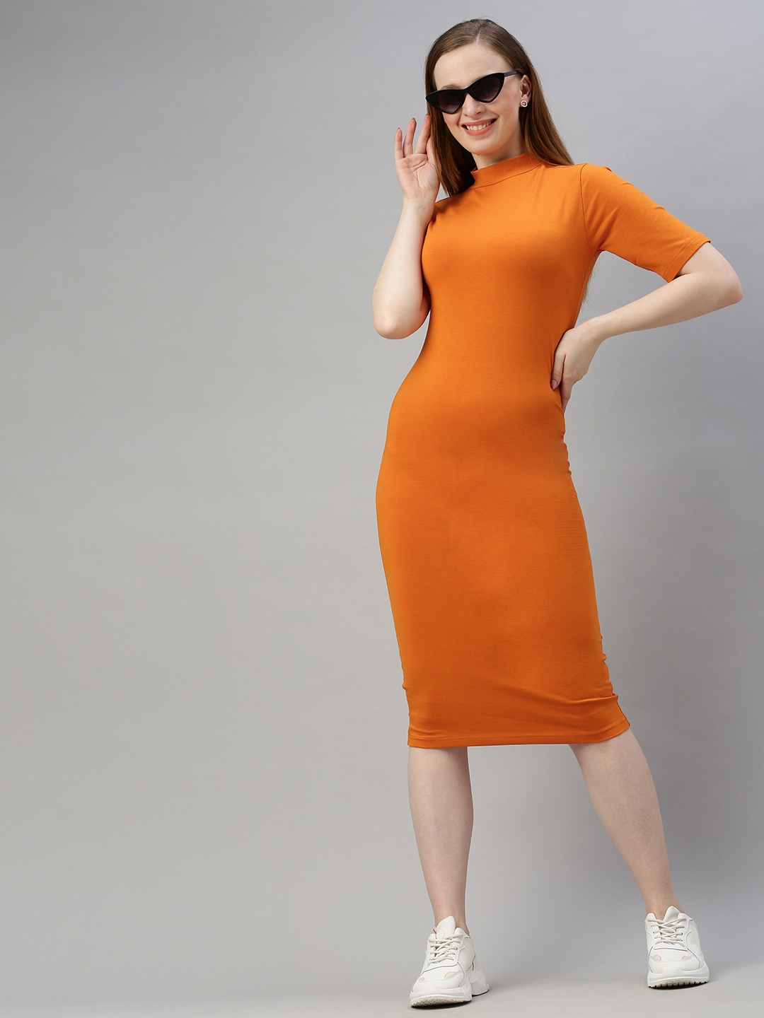 

HERE&NOW Women Orange Solid High Neck Bodycon Dress