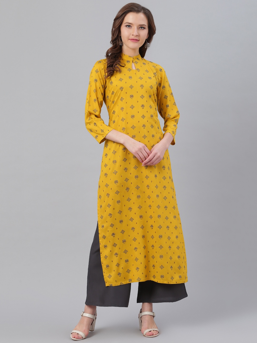 

Ives Women Mustard Yellow & Charcoal Grey Printed Kurta with Palazzos