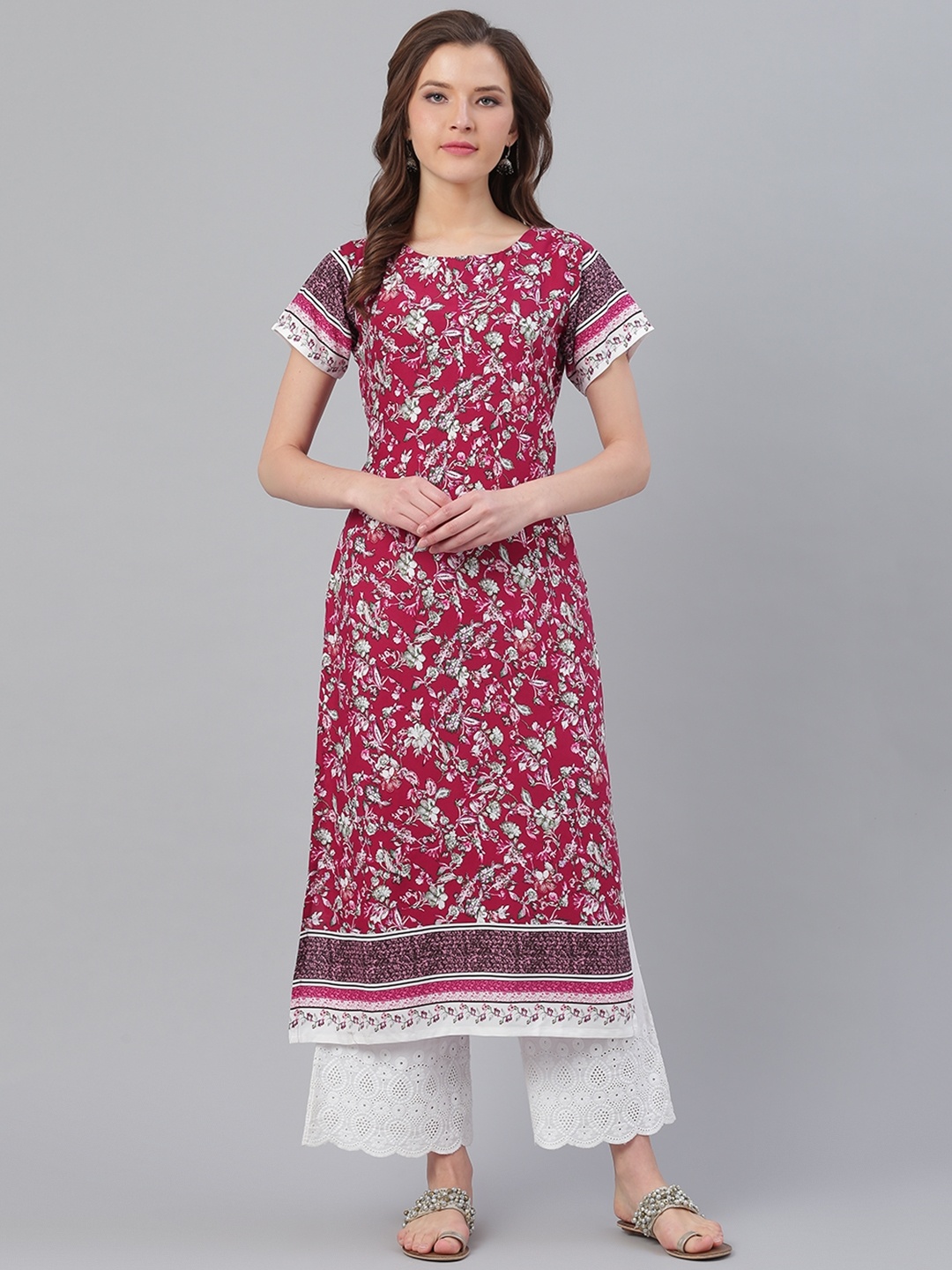 

Ives Women Red & White Floral Printed Straight Kurta
