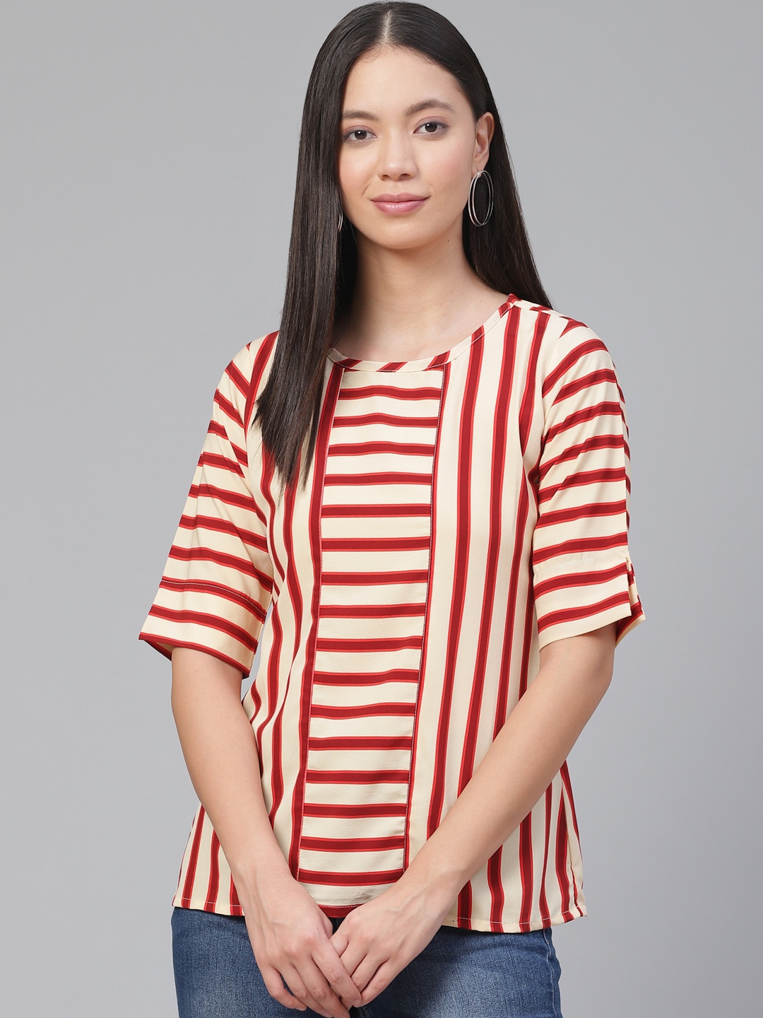 

Ives Women Beige & Red Striped Top